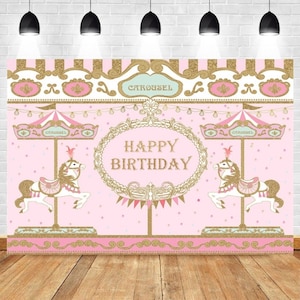 Carrousel Paard Verjaardagsfeestje Fotografieachtergrond, Roze Party Decor Babyshower Achtergrond Photo Booth Studio rekwisieten, aangepaste achtergrond banner;