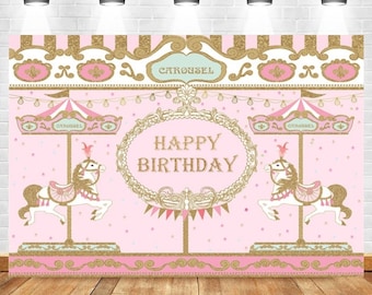 Carousel Horse Birthday Party Photography Backdrop,Pink Party Decor Baby shower Background Photo Booth Studio props,Custom Backdrop banner