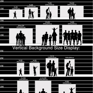 May include: A chart showing different sizes of backdrops for photography, with silhouettes of people standing in front of each size. The chart is divided into horizontal and vertical sections, with measurements in feet and centimeters.