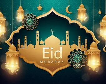 HTN - Eid Mubarak Decorazione Per Feste, Ramadan Mubarak Banner Banner Balloons Honeycomb Orning E Cupcake Toppers Scintillante Decorazione D Oro Ramadan 8315275741490