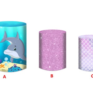 Little Mermaid Party Cylinder Cover Backdrop,Undersea Girls Birthday Baby shower Decor Polyester Background,Plinth Cover Elastic backdrop