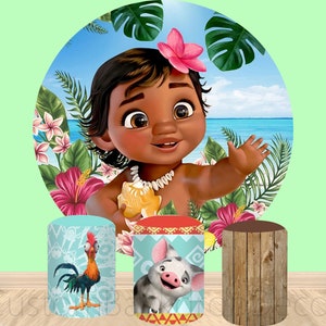Moana Round Backdrop,Custom Cartoon Elastic Cylinder Cover Backdrop,Girls Birthday Party Baby Shower Decor Round Background Photo Studio