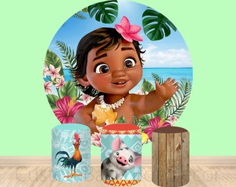 Moana Round Backdrop,Custom Cartoon Elastic Cylinder Cover Backdrop,Girls Birthday Party Baby Shower Decor Round Background Photo Studio