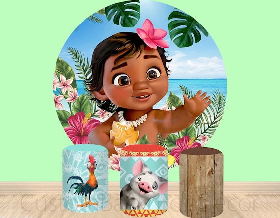 Moana Round Backdrop,Custom Cartoon Elastic Cylinder Cover Backdrop,Girls Birthday Party Baby Shower Decor Round Background Photo Studio