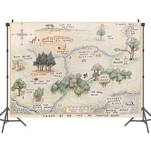 Cartoon Bär Karte Geburtstagsparty Fotografie Hintergrund, 100 Acre Woods Map Vinyl Hintergrund Fotostudio, Kinder Baby Shower Party Hintergrund Banner