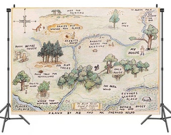 Cartoon Bear map Birthday Party Photography Backdrop,100 Acre Woods Map Vinyl Backdrop photo Studio,Kids Baby shower Party Background Banner