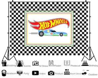 Plaid Hotwheels Cars Photography Backdrops,Black and White Vinyl background,Race Car Personalized Boys Birthday Party Custom Backdrop Banner