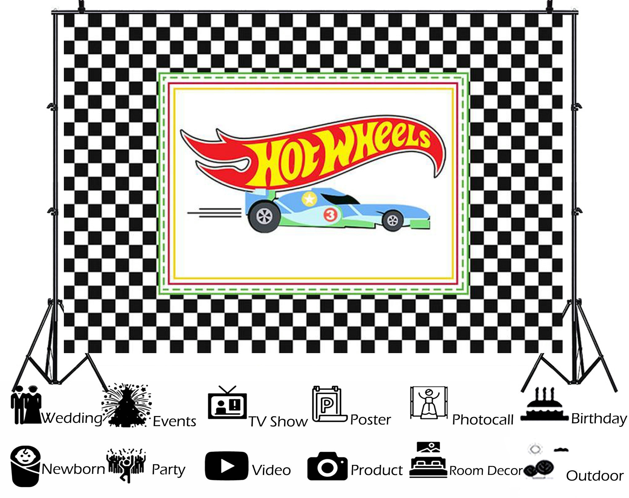 Plaid Hotwheels Cars Photography Backdrops,Black and White Vinyl background,Race Car Personalized Boys Birthday Party Custom Backdrop Banner