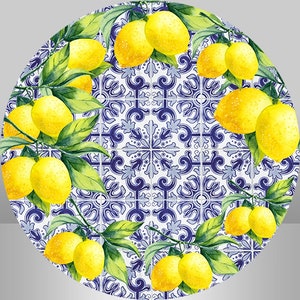 Round Lemon Photography Backdrop,Blue Spanish Porcelain kids Birthday Party Baby Shower Circle Background Photo Booth Studio,Custom backdrop