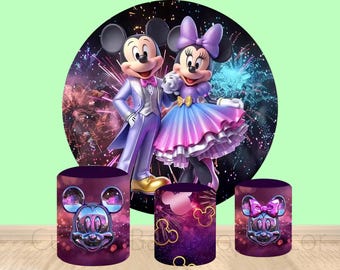 Mickey & Minnie Mouse New Year Backdrop Round Cover, Kids Birthday Party Decor