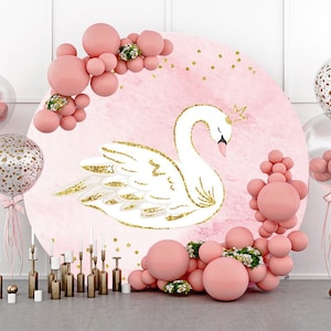 Round Swan Pink Party Photography Backdrop,Glod Glitter Newborn Girls Princess Birthday Baby shower Circle Background,Custom backdrop banner