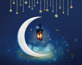Islamic Eid Mubarak Photo Backdrop Happy Festival Glod Moon Bokeh Photography Background Navy Blue Sky Shiny Vinyl Photo Studio Props