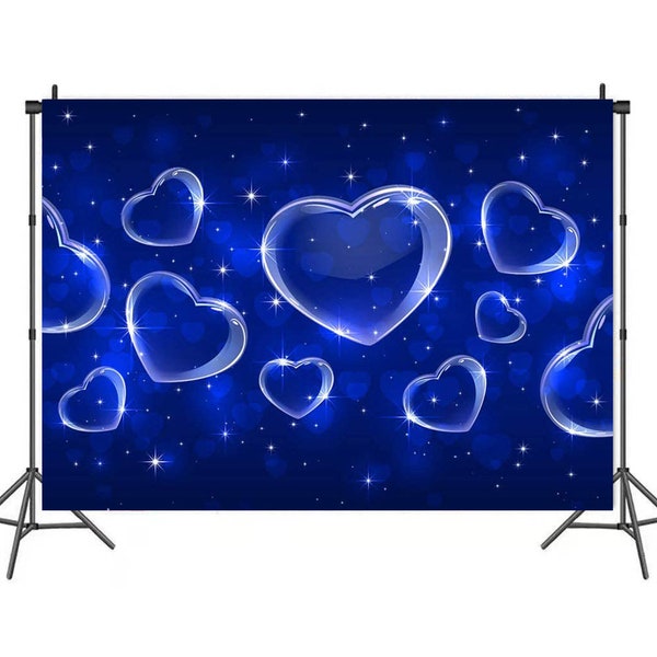 Love Dark Bule Birthday Party Photography Backdrop Early 2000s Photo Background Blue Heart Vinyl Photo Booth backdrop,Shiny Stars backdrop