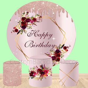 Rose Gold Glitter Cylinder Cover Backdrop,Red Rose Flowers Adult Women Girl Birthday Round Circle Background,Plinth Cover Elastic backdrop