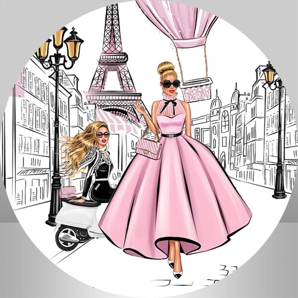 Round Fashion Parisian Girl Photography Backdrop,Pink Diamond Birthday Party Baby shower Circle Background Photo Studio prop,Custom backdrop