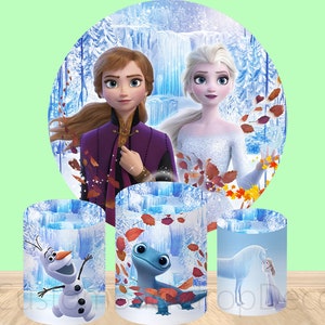 Disney Princess Theme Decor Cylinder Cover Backdrop,Cartoon Frozen Elsa sisters Princess Birthday Party Decor Round Background photo Booth