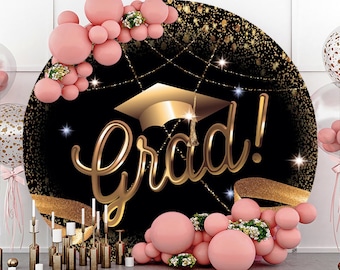 Round Congrats Graduates Photography Backdrop,Bachelor Cap Circle Background Photo Booth Studio Props,Gold and Black Custom backdrop banner