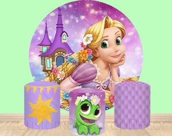 Rapunzel Tangled Round Backdrop Banner Princess Cylinder Cover Backdrop,Girl Birthday Party Baby Shower Decor Round Background photo Booth