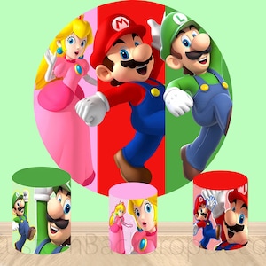 Cartoon Super Marios Bros Round Backdrop,Peach Princess Elastic Cylinder Cover Backdrop,Boys Birthday Party Decor Round Photo Background