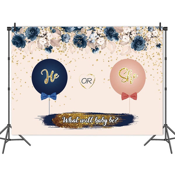 Navy&Blush Balloon Gender Reveal Baby Shower He or She Photography Backdrop,Blue or Pink Gold Spots Balloon Floral Vinyl Background Banner