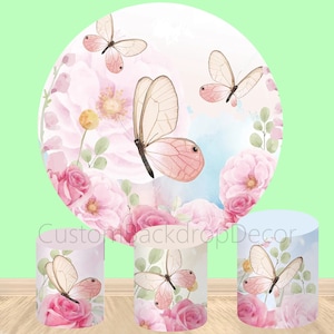 Round Butterfly Theme Pink Flower Photography Backdrop,Girl 1st Birthday Party Baby Shower Circle Background Cylinder Cover Elastic backdrop