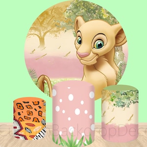 Wild The Lion Party Decor Cylinder Cover Backdrop,Cartoon Lion Kids Newborn Birthday Party Baby Shower Decor Round Background photo Booth