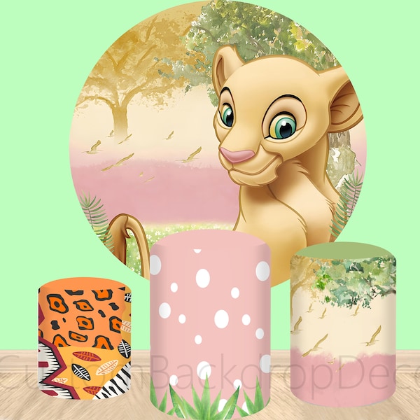 Wild The Lion Party Decor Cylinder Cover Backdrop,Cartoon Lion Kids Newborn Birthday Party Baby Shower Decor Round Background photo Booth