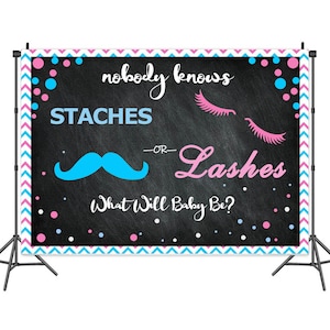 Staches Or Lashes Gender Reveal Baby Shower Photography Backdrop,Pink or Blue Boy or Girl What Will Baby Be Decor Banner Theme background