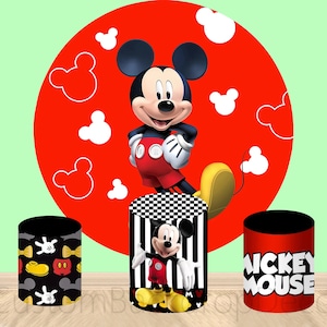 Mickey Mouse Cylinder Cover Backdrop,Red Mickey Kids Birthday Party Baby Shower Decor Round Background photo Booth,Disney Cartoon backdrop