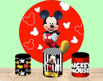 Mickey Mouse Cylinder Cover Backdrop,Red Mickey Kids Birthday Party Baby Shower Decor Round Background photo Booth,Disney Cartoon backdrop