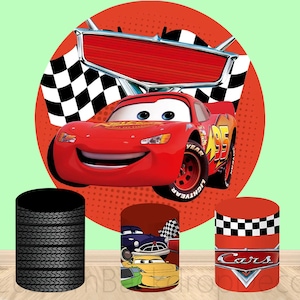 Car Elastic Cylinder Cover Backdrop,Racing Car Theme Round Backdrop,Cartoon Boy Birthday Party Decor Round Background photo Booth Studio
