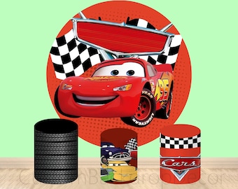 Car Elastic Cylinder Cover Backdrop,Racing Car Theme Round Backdrop,Cartoon Boy Birthday Party Decor Round Background photo Booth Studio