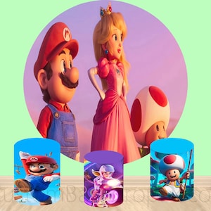 Kids Birthday Party Princess Peach Cartoon Cover Decor Round Background,Super Marios Bros Round Backdrop Elastic 3pc*Cylinder Cover Backdrop
