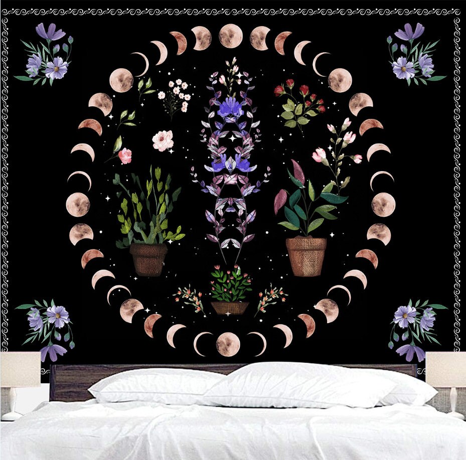 Psychedelic Moon Phase TapestryBohemia Flower Plant Tapestry Etsy