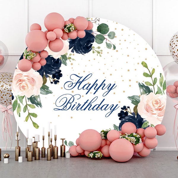 Round Navy And Blush Flowers leaf Photography Backdrop,Happy Birthday Party Baby Shower Decor Circle Photo Booth Background,Custom backdrop