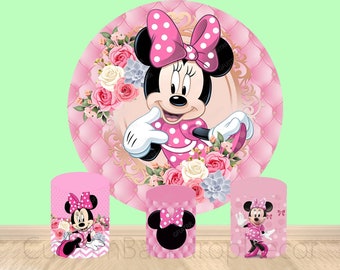 Pink Minnie Cylinder Cover Backdrop,Cut Pink Rose Kids Girl Birthday Party Baby Shower Decor Round Background photo Booth,Cartoon backdrop