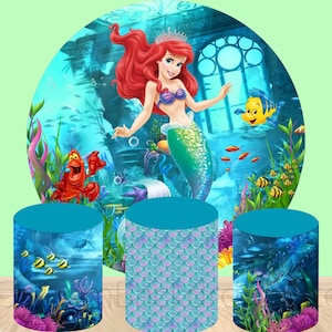 Mermaid Round Backdrop,Under Sea Elastic Cylinder Cover Backdrop,Girls Birthday Party Decor Baby Shower Round Background Photo Booth Studio