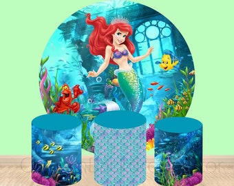 Mermaid Round Backdrop,Under Sea Elastic Cylinder Cover Backdrop,Girls Birthday Party Decor Baby Shower Round Background Photo Booth Studio