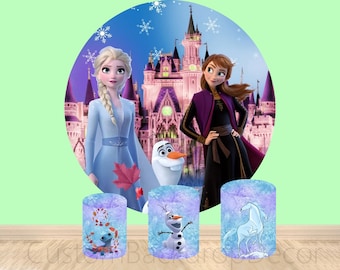 Disney Frozen Round Backdrop,Princess Anna Elsa Elastic Cylinder Cover Backdrop,Girls Birthday Party Decor Plinth Covers Round Background