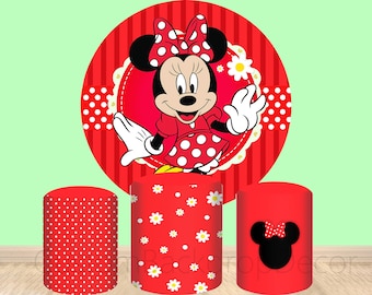 Cartoon Disney Theme Decor Cylinder Cover Backdrop,Red Dance Minnie Mouse Kids Boy Girl Birthday Party Decor Round Background photo Booth