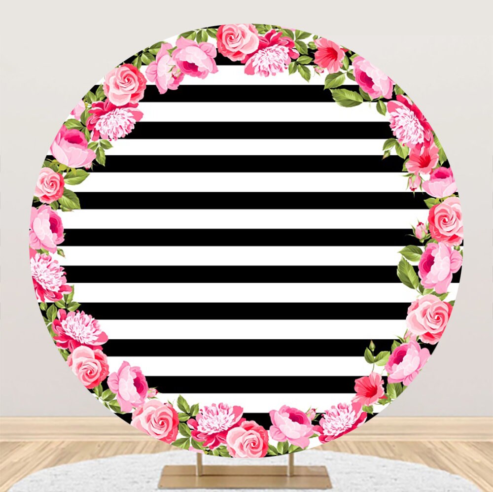 Hot Pink Black and White Stripes Paper Flowers Photography Backdrop  (Jackeline 55)