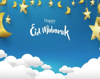 Islamic Eid Mubarak Photo Backdrop Happy Festival Glod Moon Bokeh Photography Background Navy Blue Sky Shiny Vinyl Photo Studio Props
