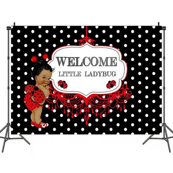 Welcome little Ladybug Photography Backdrop Baby shower Birthday Party Background Photo Booth Studio Props,Red and black polkadots backdrop