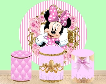 Flowers Cartoon backdrop,Light Purple Minnie Cylinder Cover Backdrop,Kids Girl Birthday Party Baby Shower Decor Round Background photo Booth