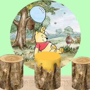 Winnie the Pooh Round Backdrop,Cartoon Wood Texture Elastic Cylinder Cover Backdrop,Kids Birthday Party Decor Round Background Photo Studio