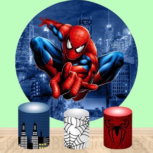 Spiderman Elastic Cylinder Cover Backdrop,Night City Round Backdrop,Cartoon Boy Birthday Party Decor Round Background photo Booth Studio