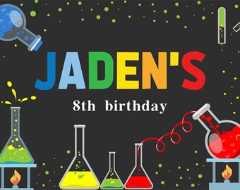 May include: A black background with colorful text that reads "Jaden's 8th birthday". The background is decorated with colorful dots and there are several cartoon beakers with colorful liquids.