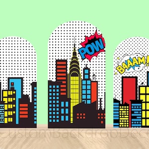Sfondo per arco a tema supereroe per edificio della città notturna, sfondo per arco per festa di compleanno per ragazzi, pannello di sfondo per arco Chiara, copertura elastica