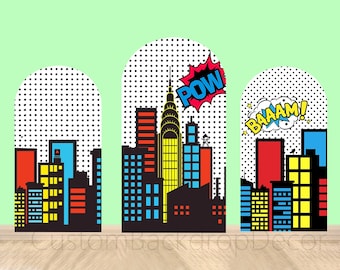 Nacht Stadt Gebäude Super Hero Thema Bogen Wand Abdeckung Backdrop Junge Geburtstagsparty Bogen Hintergrund Panel Chiara Bogen Elastische Abdeckung