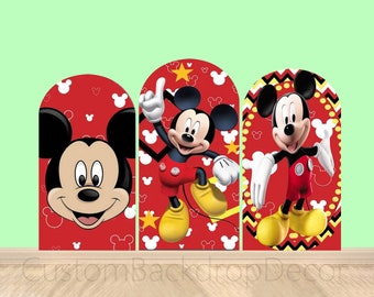 Red Funny Mickey Mouse Round Arch Cover Wall Backdrop Cartoon Arch Background Boys Birthday Party Baby Shower Elastic Arch Backdrop Cover